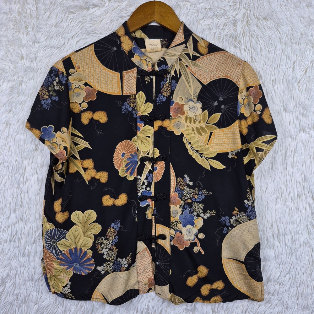 Vtg Clio Black Floral Fan Print Frog Toggle Mandarin Blouse Large Cheongsam